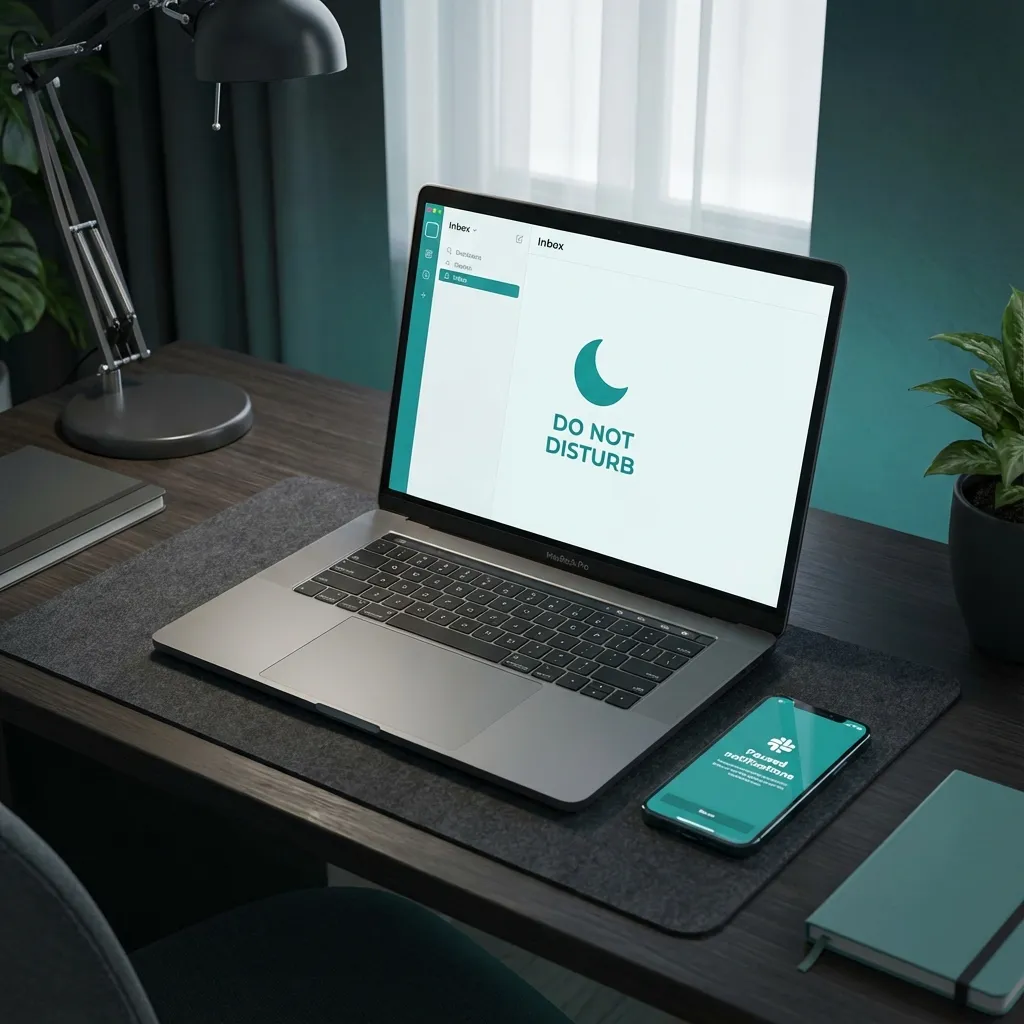 Illustration of a remote worker protected from email and Slack distractions by a glowing Pomodoro shield