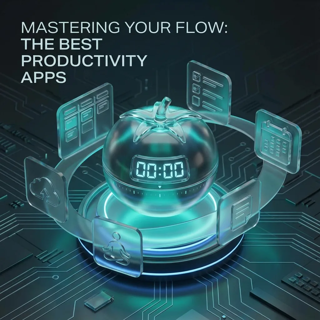 Isometric illustration of a digital productivity ecosystem with Pomodoro timer, headphones, and task list