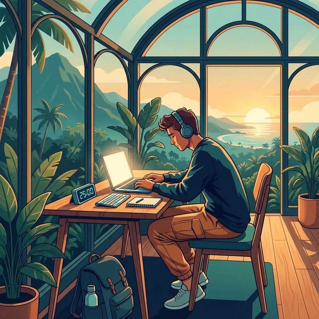 Digital nomad working in beautiful location with Pomodoro timer