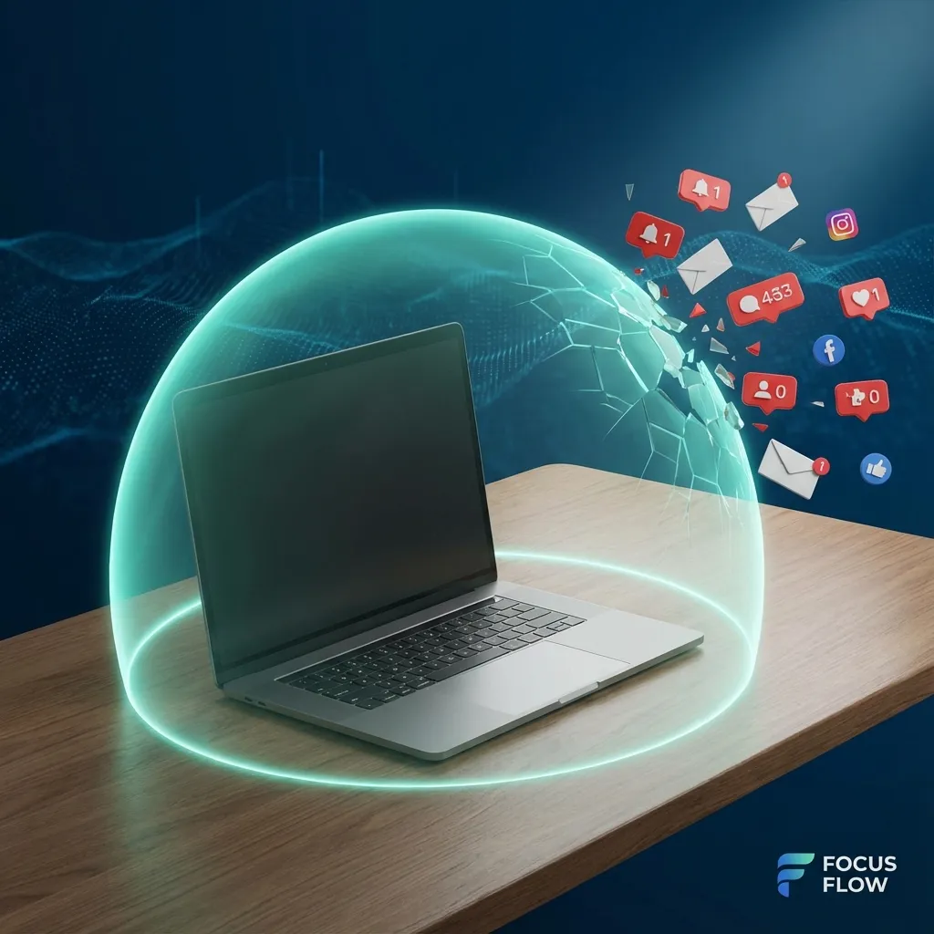 A glowing shield protecting a laptop from digital distractions