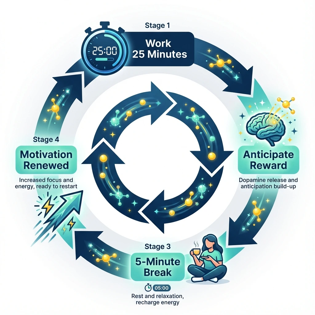 Dopamine reward cycle showing how Pomodoro creates motivation loops