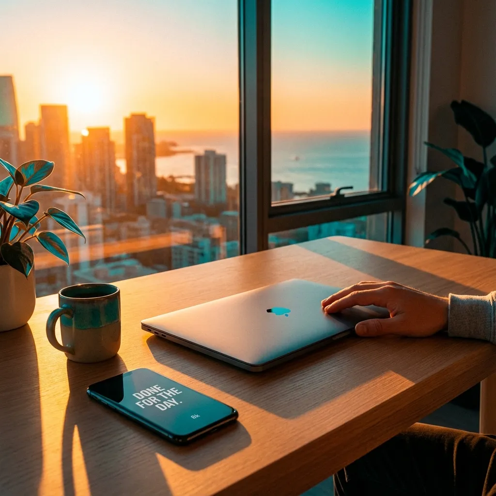 Atmospheric home office desk at twilight with a glowing Pomodoro timer, signaling the end of the workday