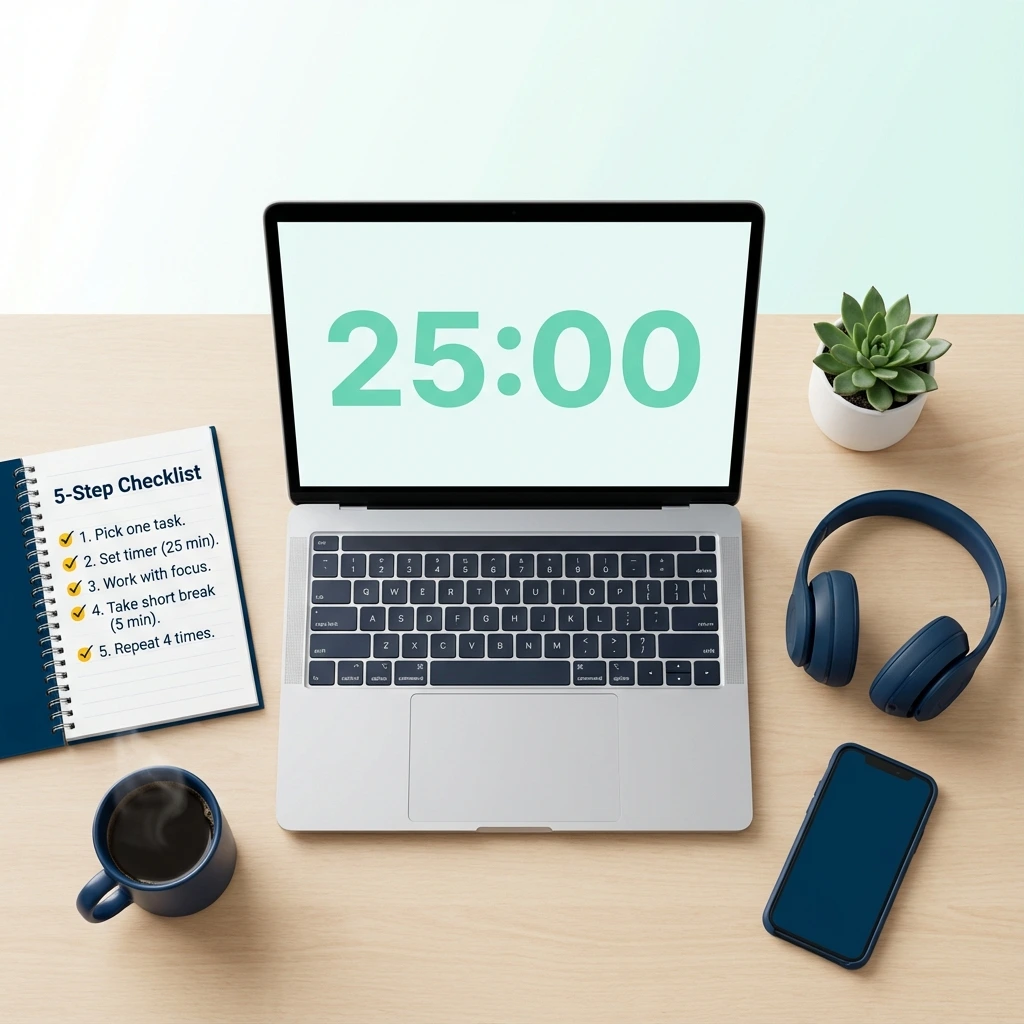 Clean workspace with Pomodoro timer showing 25:00, representing focused deep work session