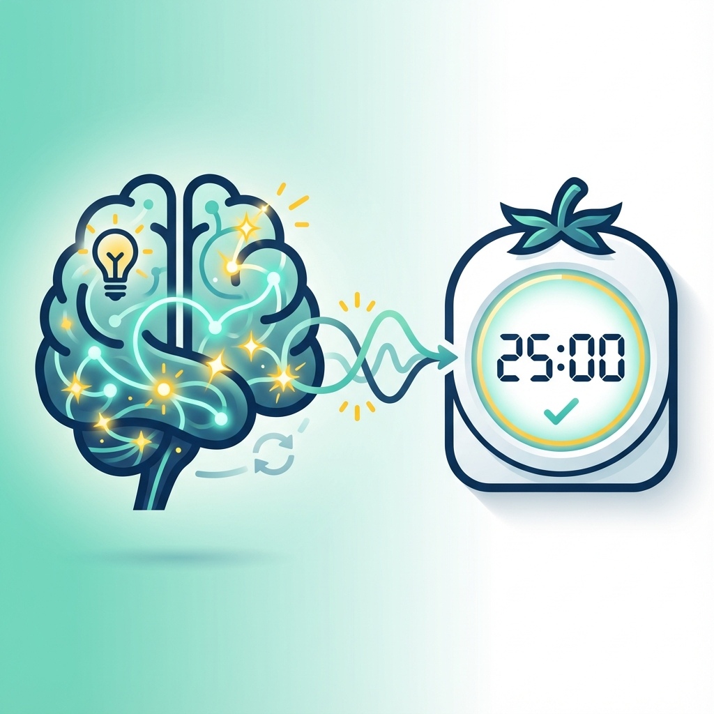 Brain and Pomodoro timer connection showing psychological effect of time management