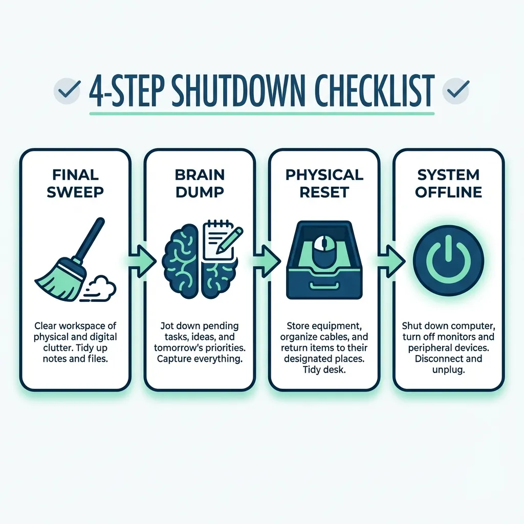 4-step shutdown checklist: Final Sweep, Brain Dump, Physical Reset, System Offline