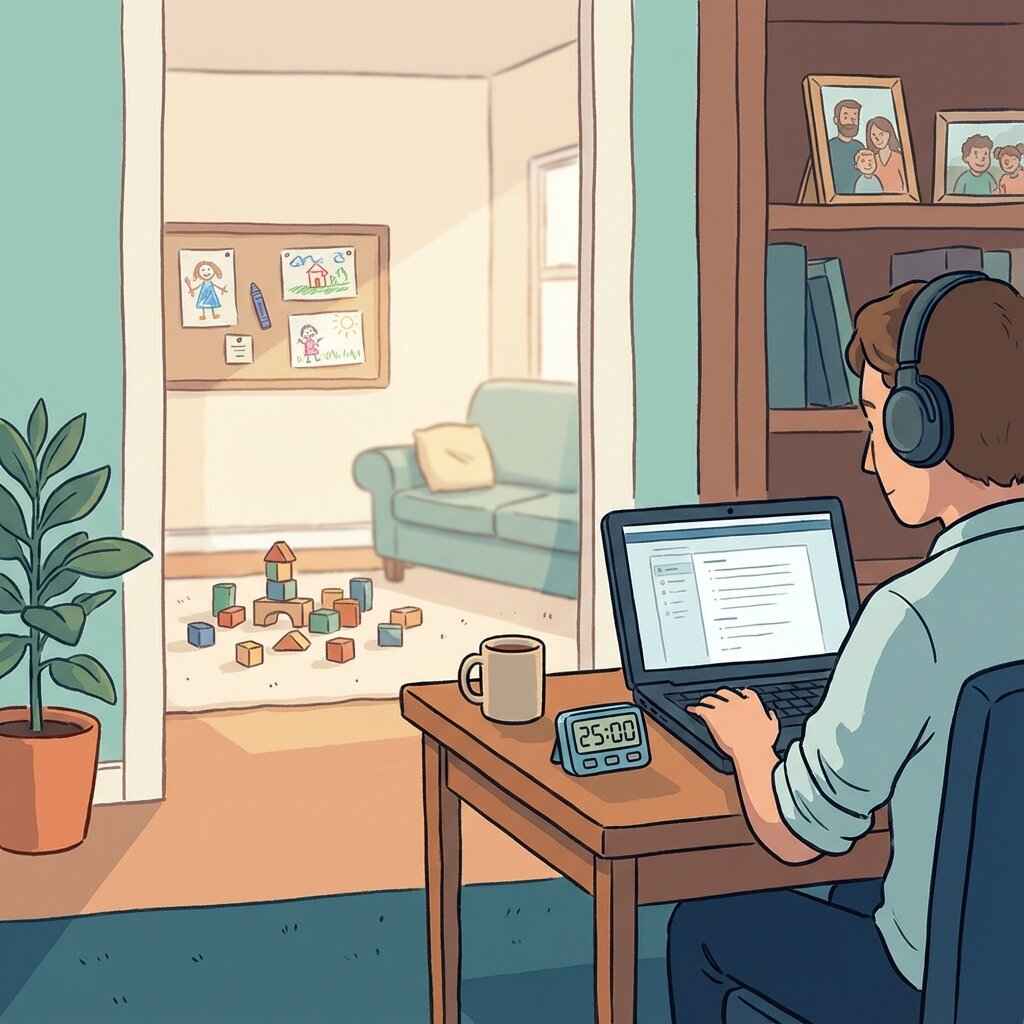 Parent working from home with family balance using Pomodoro