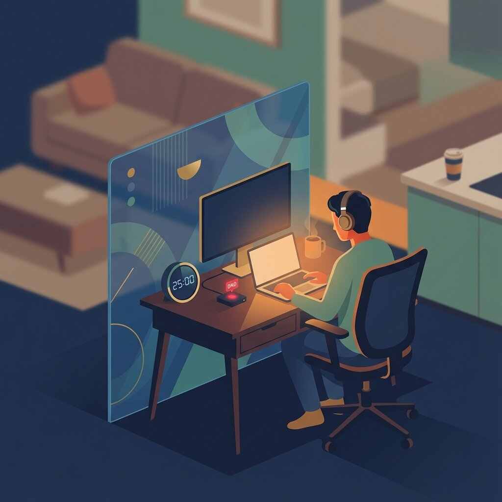 Remote worker with clear workspace boundaries using Pomodoro timer