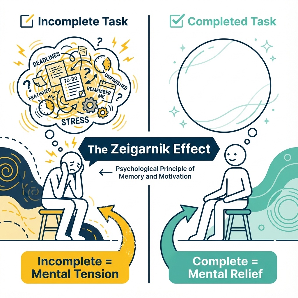 Zeigarnik Effect diagram showing incomplete vs completed task mental states